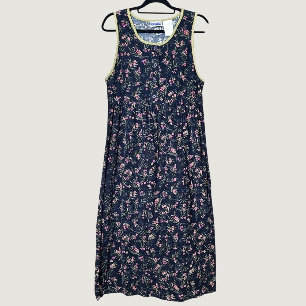Vtg Cottagecore Corduroy Floral Women Sleeveless Midi Cotton Dress Milkmaid Farm